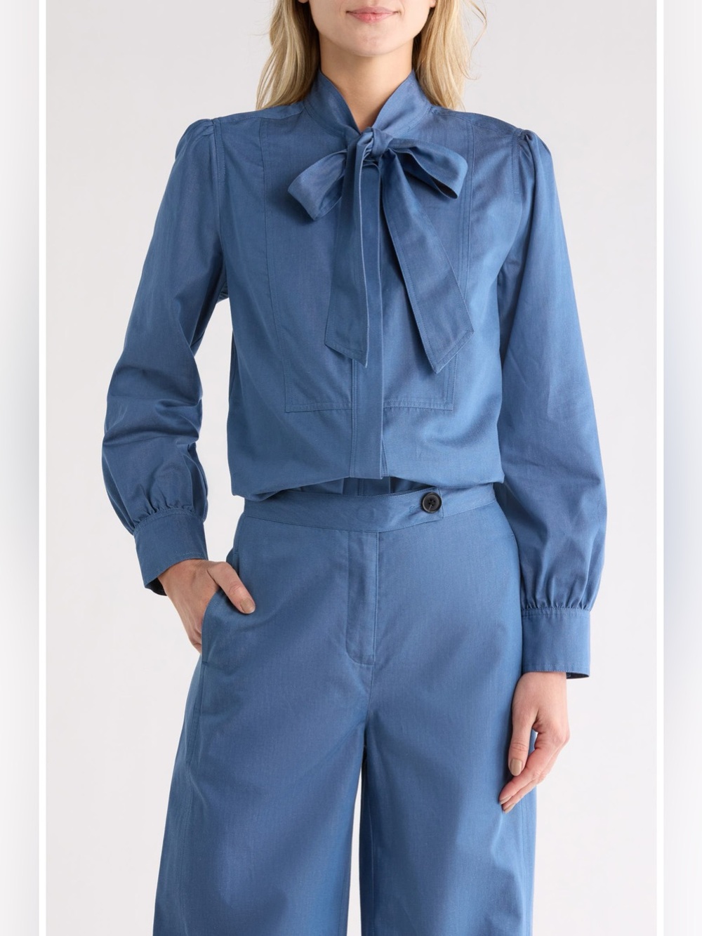 NWOT DEREK LAM 10 CROSBY Denim Majah Tie Neck Long Sleeve Top 
Size Small